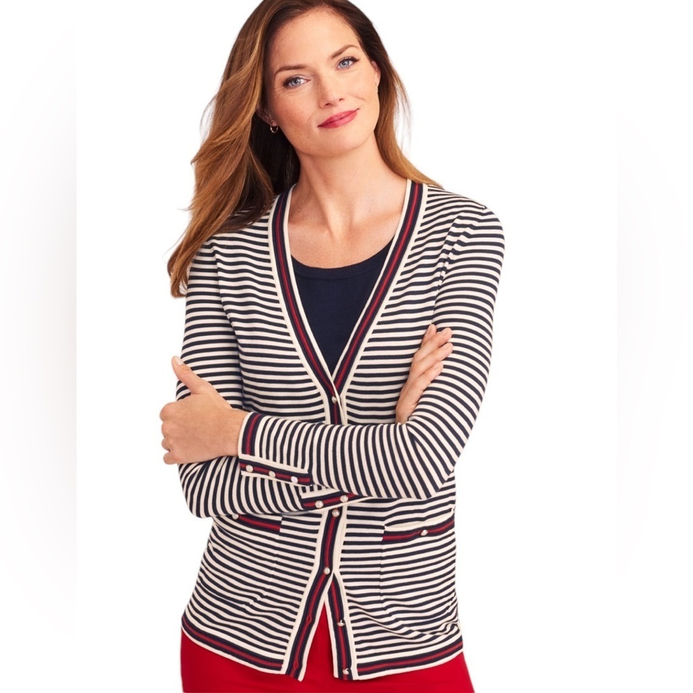 Talbots Oprah Magazine Collection Navy White and Red Stripe Cardigan Size Large